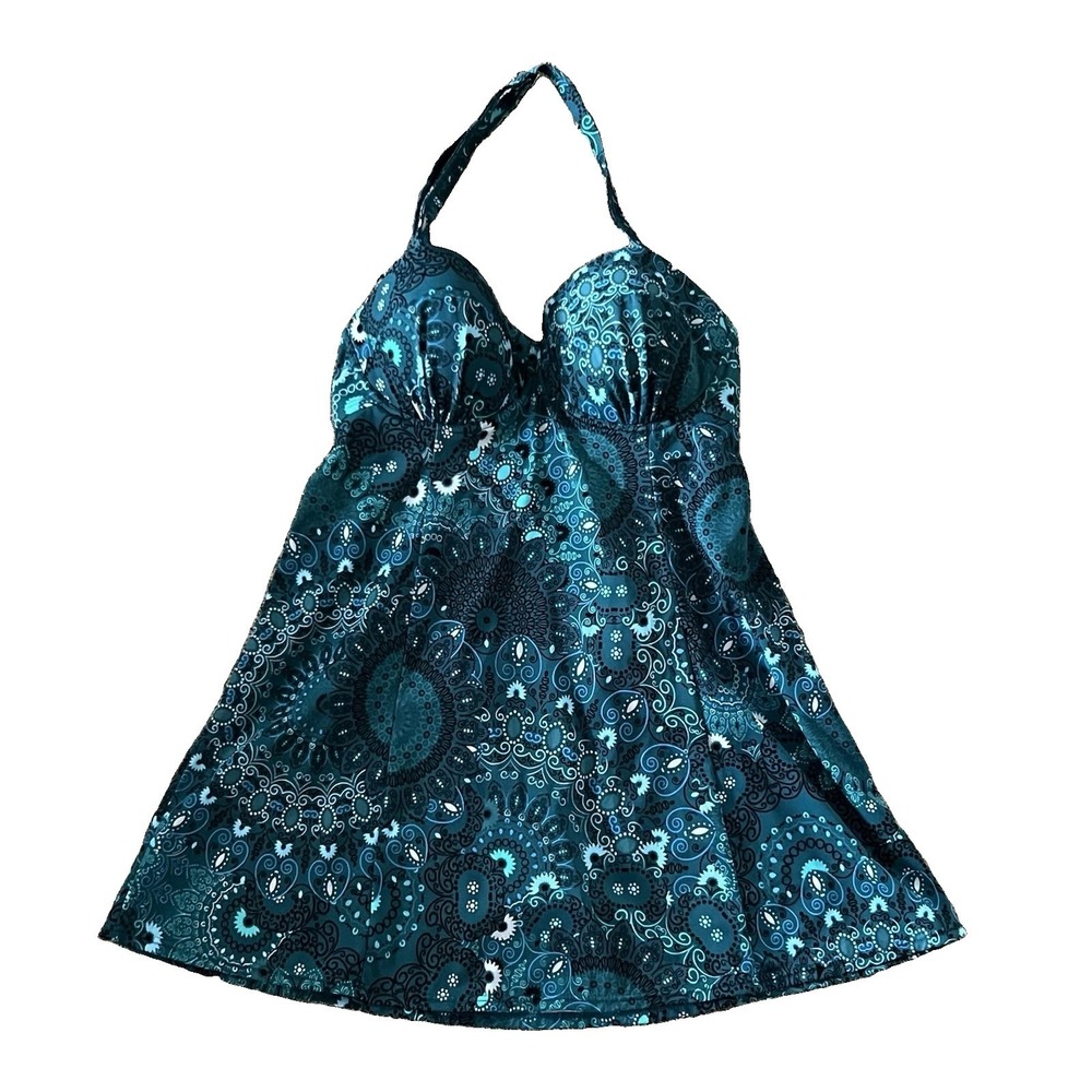 Swimsuits For All Swimdress Women's Size 8 Teal Paisley Halter Padded Swim Dress